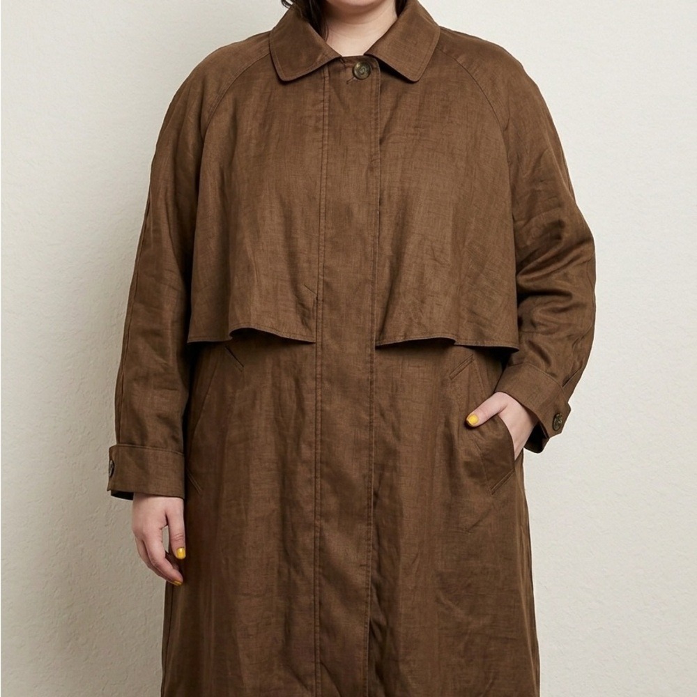 Vintage Gallery Woman Brown Long Trench Coat Size 22 Minimalist Capsule Retro